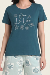 Zivame Shell Print Knit Cotton Short Set - Surf Spray — thumbnail 5